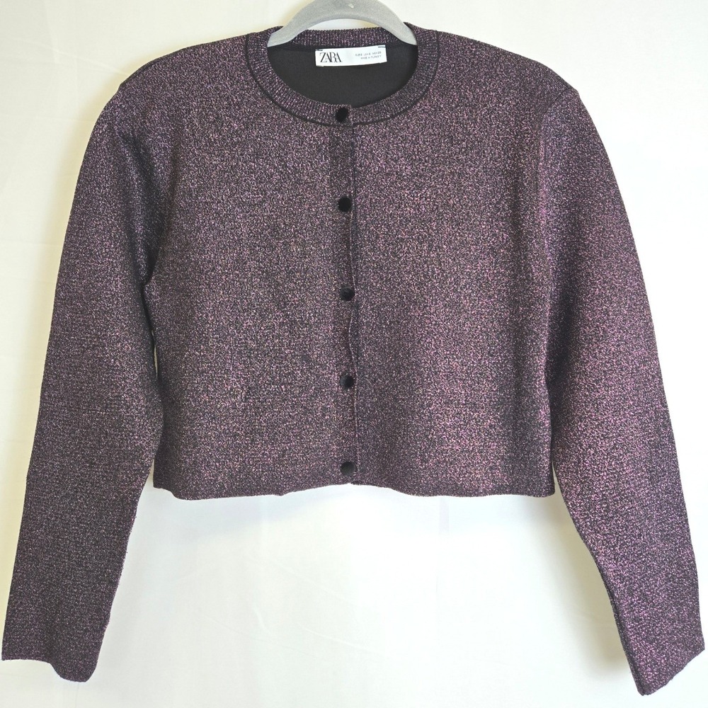 Zara Metallic Shimmer Glitter Cropped Cardigan Velvet Buttons, Purple, Small - Picture 1 of 8
